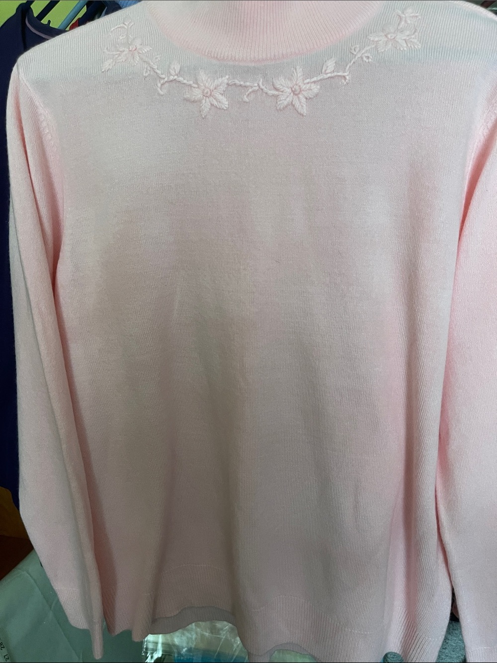 Rare Editions Pale Pink Mock Neck Sweater with Floral Embroidery